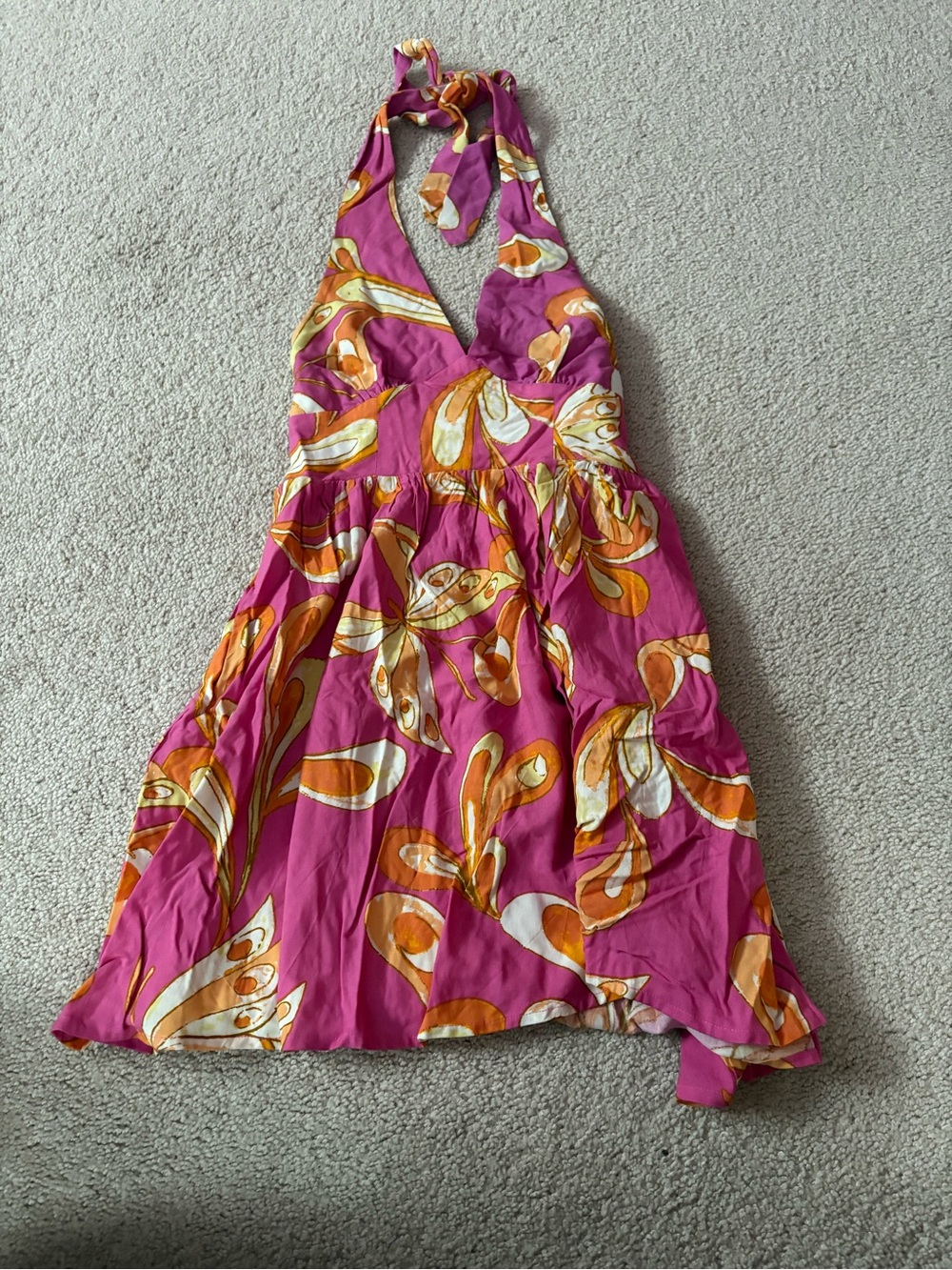 Women’s Pink Halter Sundress with Orange Floral Print